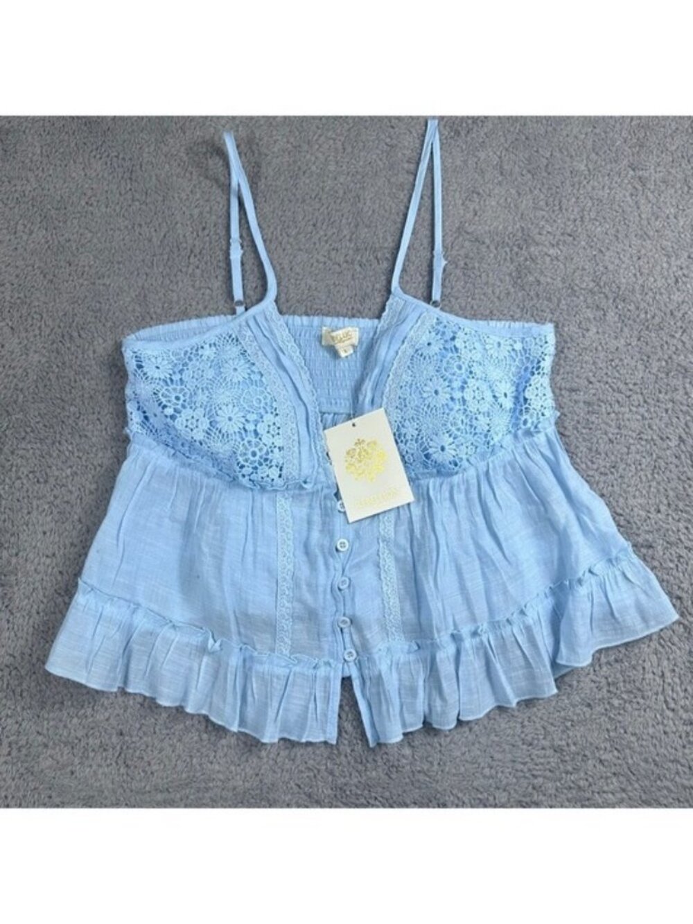 Rebellion Again Light Blue Lace Button-Up Tank Top, Size Large